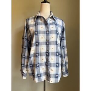 Vintage Blue White Plaid Heart Floral Button Down Shirt 14 granny cottage